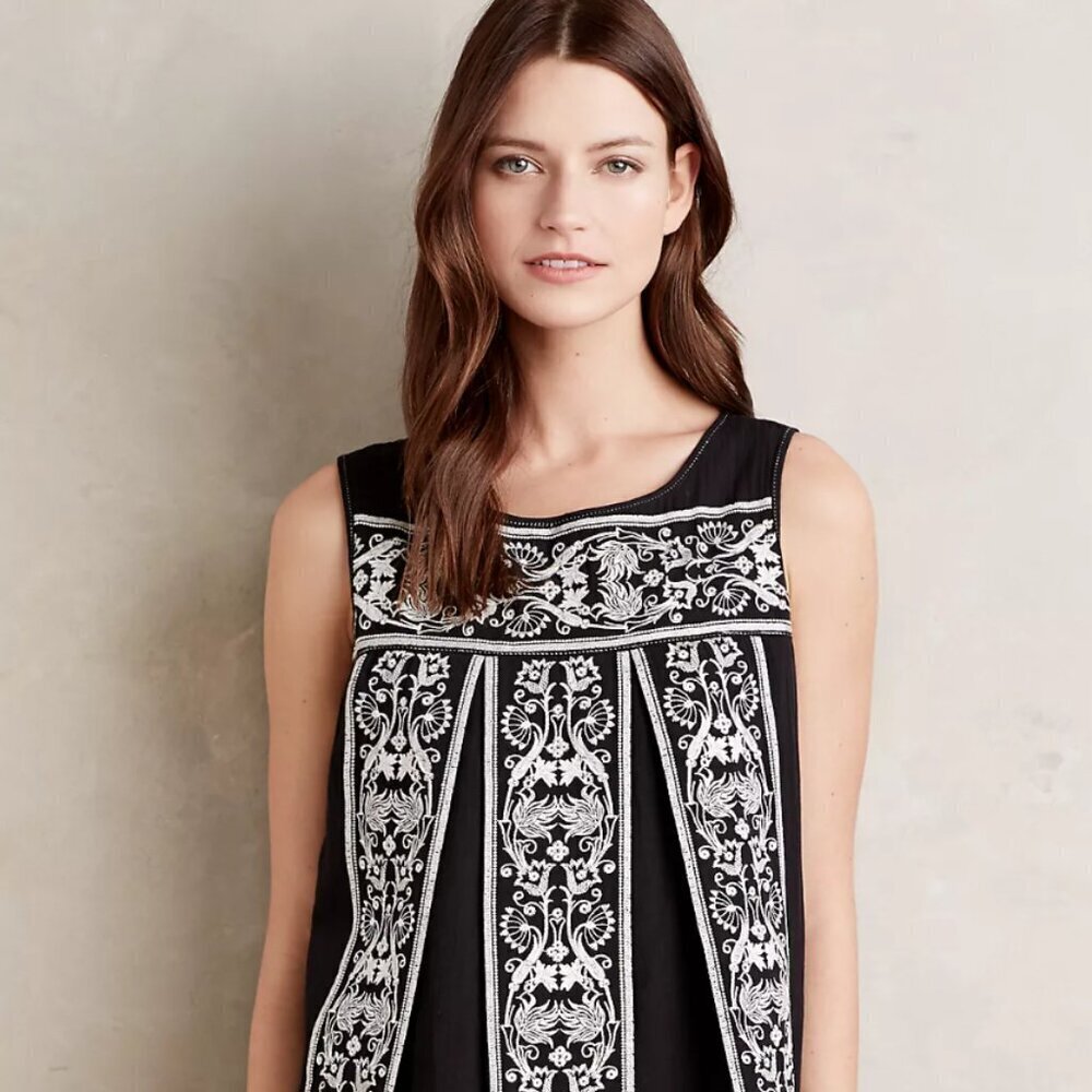 Anthropologie HD in Paris Embroidered Alys Tank 100% Cotton Black & White Top S